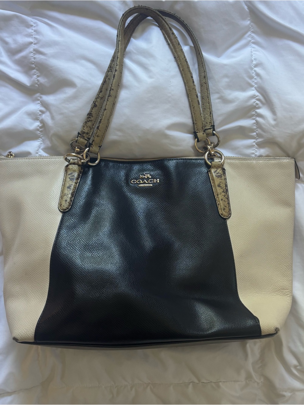 Coach Ava Two-Tone Black and Cream Shoulder Bag with Snakeskin Strap